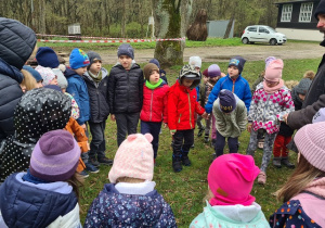 Dzieci podczas zajęć edukacyjnych w lesie